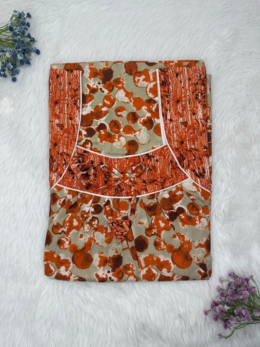 Sienna Printed Front and Back Pleated Pure Cotton Nighty Free Size Short Sleeve (Suits for bra size 34″- 40″ | 54-56 inch length)