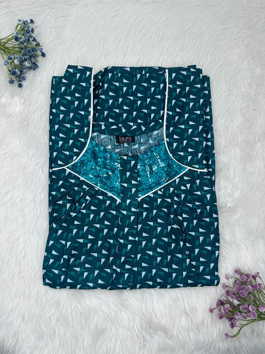 Midnight Green Printed Square Neck Pleated Zip Pure Cotton Nighty Free Size Short Sleeve (Suits for bra size 34″- 40″ | 54-56 inch length)