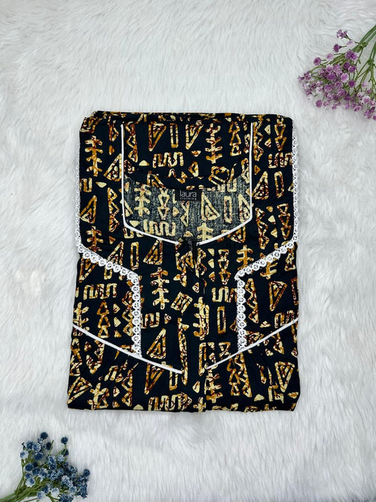 Onyx and Golden Brown Printed Square Neck Centre Long 12" Zip Pure Cotton Feeding Nighty Free Size Short Sleeve (Suits for bra size 34″- 40″ | 54-56 inch length)