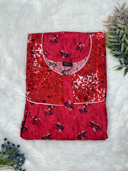 Upsdell Red Printed Round Neck Pleated Pure Cotton Feeding Nighty With Two Side Vertical Zip and Single Centre Zip Free Size Short Sleeve (Suits for bra size 34″- 40″ | 54-56 inch length)