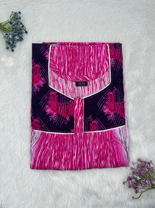 Jazzberry Jam Printed Mix N Match Square Neck Pleated Cotton Nighty With Centre -8″ Zip Short Sleeve Free Size (Suits for bra size 34″- 40″ | 54-56 inch length )