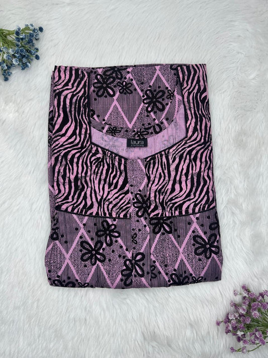 Mountbatten Pink Printed Square Neck Pleated Pure Cotton Feeding Nighty With Two Side Vertical Zip and Single Centre Zip Free Size Short Sleeve (Suits for bra size 34″- 40″ | 54-56 inch length)