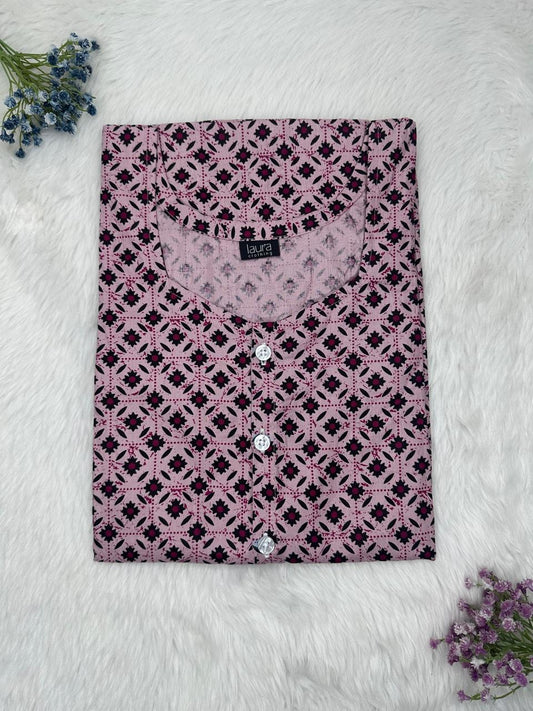 Rose Quartz Printed Round Neck Pure Cotton Full Open Button Labour Room Nighty Free Size Short Sleeve (Suits for bra size 34″- 40″ | 54-56 inch length)