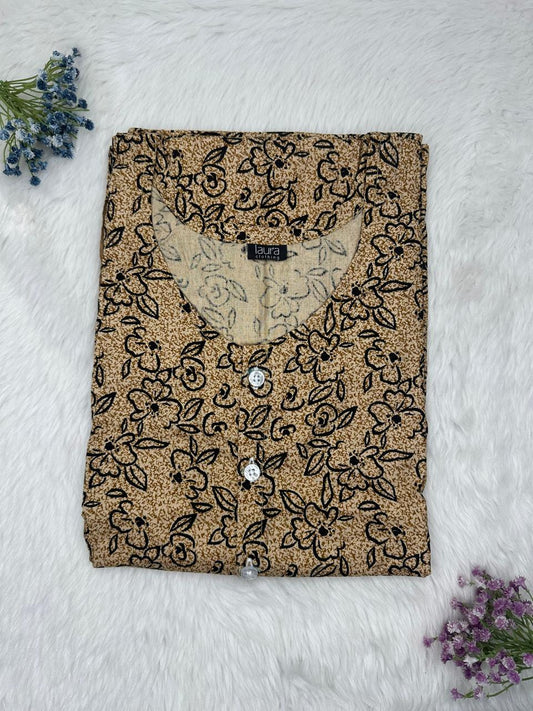 Khaki Printed Round Neck Pure Cotton Full Open Button Labour Room Nighty Free Size Short Sleeve (Suits for bra size 34″- 40″ | 54-56 inch length)