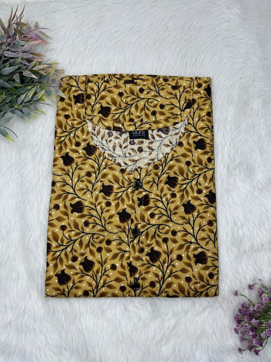 Brass Printed Round Neck Pure Cotton Full Open Button Labour Room Nighty Free Size Short Sleeve (Suits for bra size 34″- 40″ | 54-56 inch length)