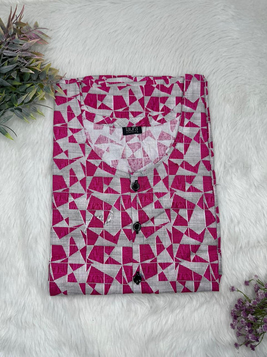 Dark Gray and Jazzberry Jam Printed Round Neck Pure Cotton Full Open Button Labour Room Nighty Free Size Short Sleeve (Suits for bra size 34″- 40″ | 54-56 inch length)