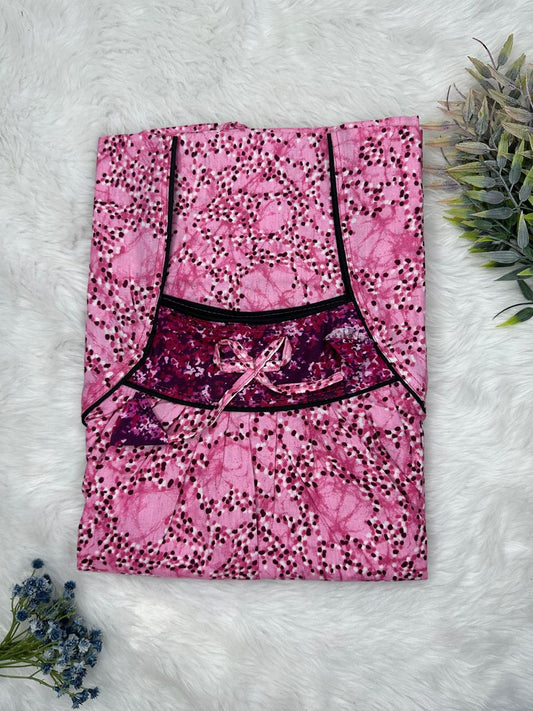 Opera Mauve Printed Front and Claret Pleated Pure Cotton Nighty Free Size Short Sleeve (Suits for bra size 34″- 40″ | 54-56 inch length)
