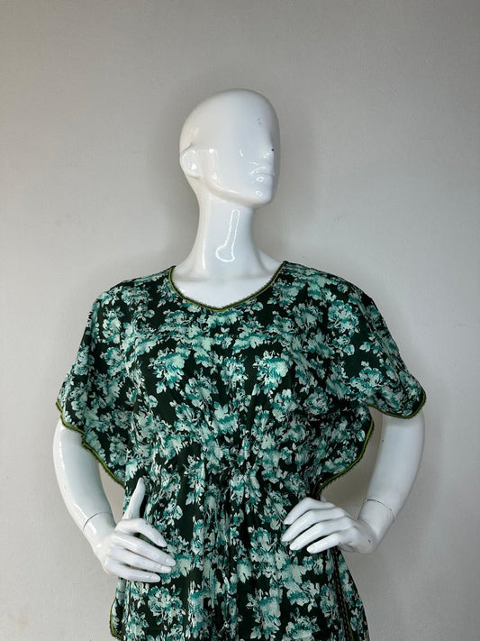 Cadet Blue and Onyx printed Pure Cotton V-Neck Kaftan With Matching Border Lace And Adjustable Tie Free Size (Suits for bra size 34″- 40″) | 54-56 Inch Length