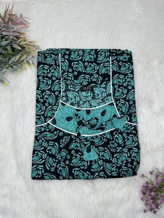 Cadet Blue and Onyx Printed Square Neck No Zip Pleated Pure Cotton Nighty Free Size Short Sleeve (Suits for bra size 34″- 40″ | 54-56 inch length)