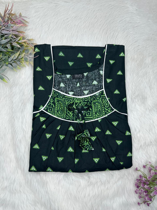 Dark Feldgrau Printed Square Neck No Zip Pleated Pure Cotton Nighty Free Size Short Sleeve (Suits for bra size 34″- 40″ | 54-56 inch length)