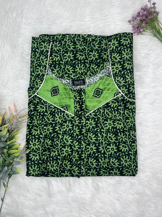 Asparangus and Onyx Printed Square Neck Pleated Zip Pure Cotton Nighty Free Size Short Sleeve (Suits for bra size 34″- 40″ | 54-56 inch length)