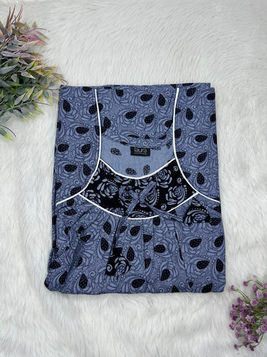 UCLA Blue Printed Square Neck No Zip Pleated Pure Cotton Nighty Free Size Short Sleeve (Suits for bra size 34″- 40″ | 54-56 inch length)