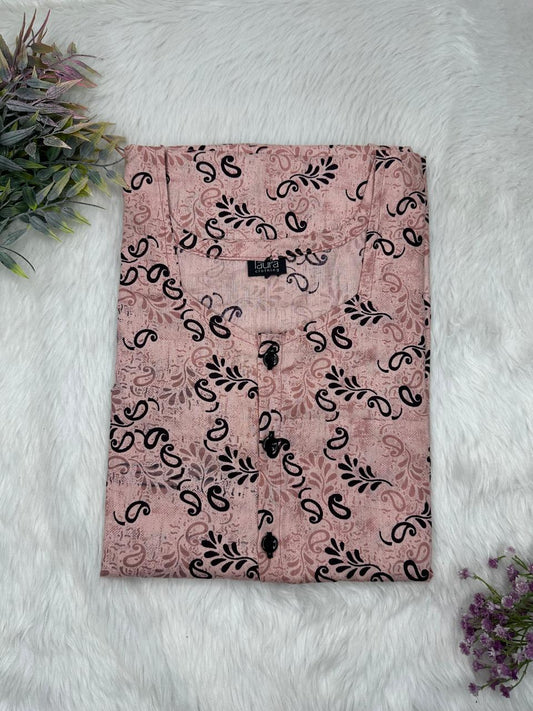 Pale Chestnut Floral Printed Round Neck Pure Cotton Full Open Button Labour Room Nighty Free Size Short Sleeve (Suits for bra size 34″- 40″ | 54-56 inch length)