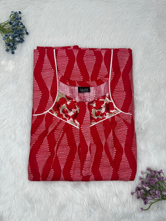 Dark Red Printed Square Neck Pleated Zip Pure Cotton Nighty Free Size Short Sleeve (Suits for bra size 34″- 40″ | 54-56 inch length)