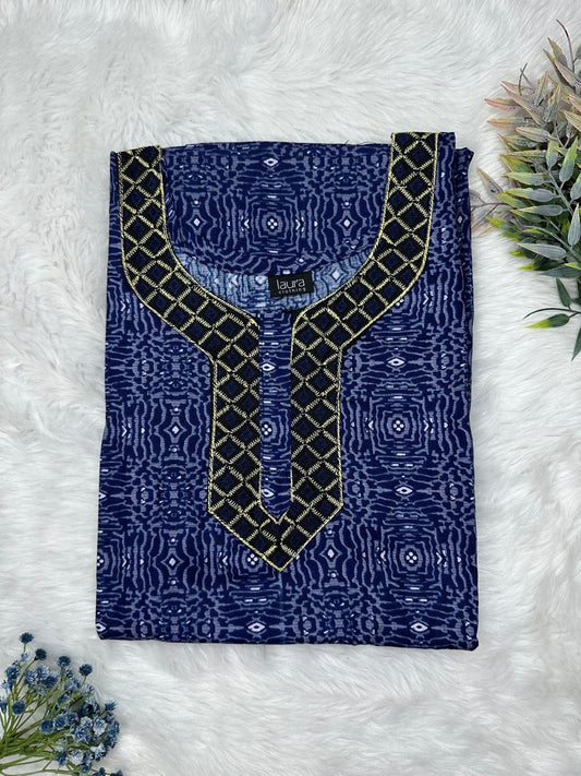 Oxford Blue Printed Normal Zip Pure Cotton Matching Neck Embroidery Nighty Free Size Short Sleeve (Suits for bra size 34″- 40″ | 54-56 inch length)