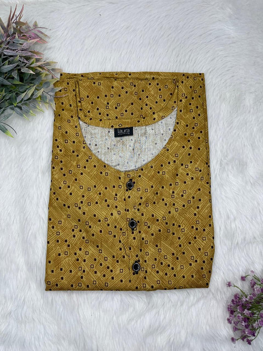 Dark Goldenrod Printed Round Neck Pure Cotton Full Open Button Labour Room Nighty Free Size Short Sleeve (Suits for bra size 34″- 40″ | 54-56 inch length)