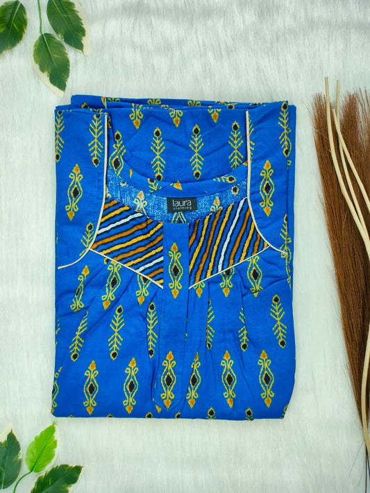 Cobalt Blue Printed Round Neck Pleated Zip Pure Cotton Nighty Free Size Short Sleeve (Suits for bra size 34″- 40″ | 54-56 inch length)