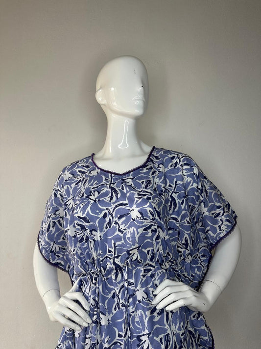 UCLA Blue and Gainsboro printed Pure Cotton V-Neck Kaftan With Matching Border Lace And Adjustable Tie Free Size (Suits for bra size 34″- 40″) | 54-56 Inch Length