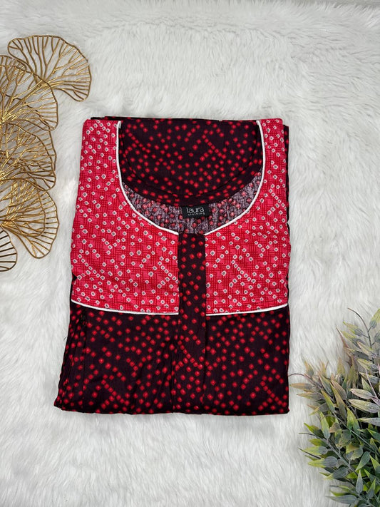 Rosewood and Cardinal Printed Round Neck Pleated Pure Cotton Feeding Nighty With Two Side Vertical Zip and Single Centre Zip Free Size Short Sleeve (Suits for bra size 34″- 40″ | 54-56 inch length)