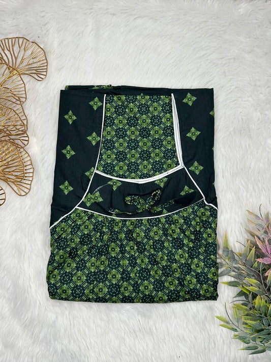 Asparagus Printed Front and Dark Jungle Green Pleated Pure Cotton Nighty Free Size Short Sleeve (Suits for bra size 34″- 40″ | 54-56 inch length)