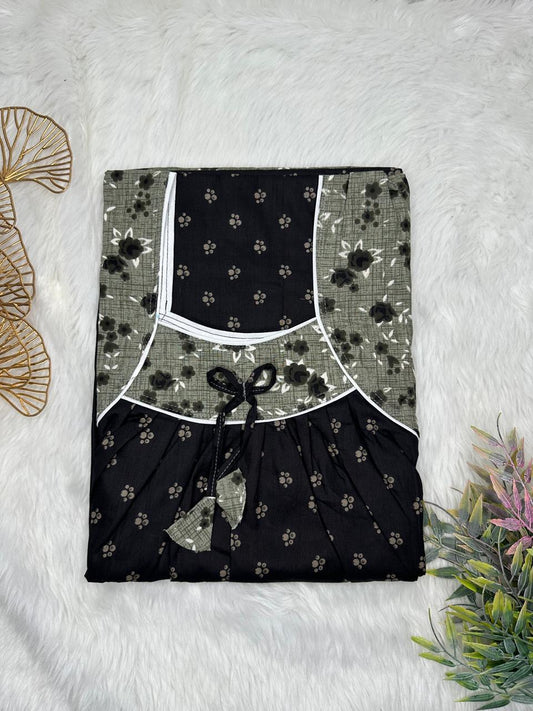 Onyx Printed Front and Xanadu Pleated Pure Cotton Nighty Free Size Short Sleeve (Suits for bra size 34″- 40″ | 54-56 inch length)