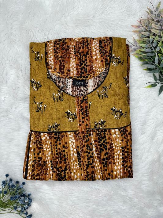 Dark Goldenrod Printed Round Neck Pleated Pure Cotton Feeding Nighty With Two Side Vertical Zip and Single Centre Zip Free Size Short Sleeve (Suits for bra size 34″- 40″ | 54-56 inch length)
