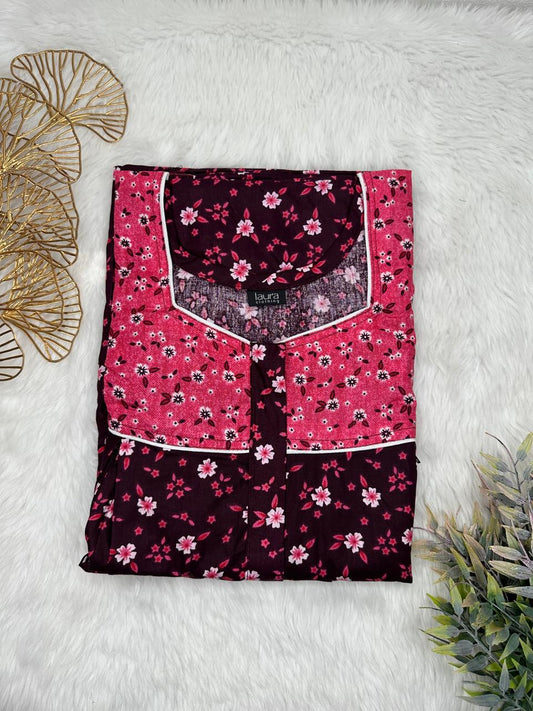 Seal Brown and Wine Printed Square Neck Pleated Pure Cotton Feeding Nighty With Two Side Vertical Zip and Single Centre Zip Free Size Short Sleeve (Suits for bra size 34″- 40″ | 54-56 inch length)