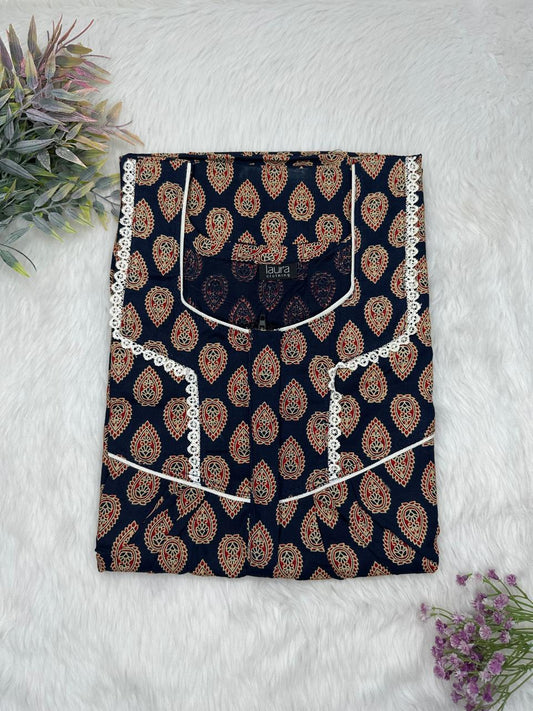 Caput Mortuum Printed Square Neck Centre Long 12" Zip Pure Cotton Feeding Nighty Free Size Short Sleeve (Suits for bra size 34″- 40″ | 54-56 inch length)