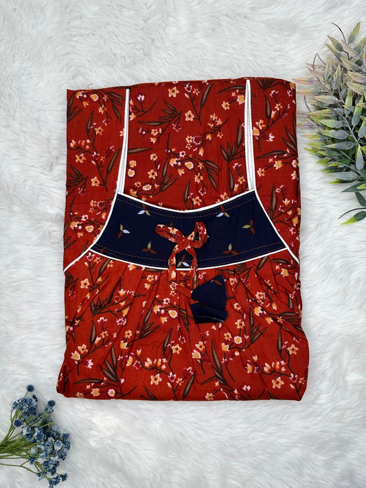 Rufous Printed Front and Claret Pleated Pure Cotton Nighty Free Size Short Sleeve (Suits for bra size 34″- 40″ | 54-56 inch length)