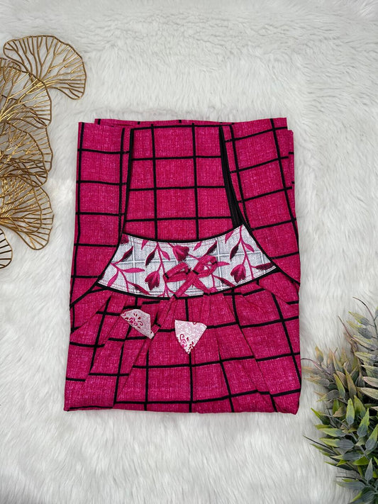 Deep Carmine Printed Front and Pastel Purple Pleated Pure Cotton Nighty Free Size Short Sleeve (Suits for bra size 34″- 40″ | 54-56 inch length)