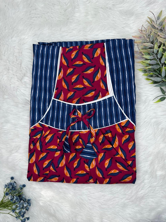 Dark Scarlet Printed Front and Pleated Pure Cotton Nighty Free Size Short Sleeve (Suits for bra size 34″- 40″ | 54-56 inch length)