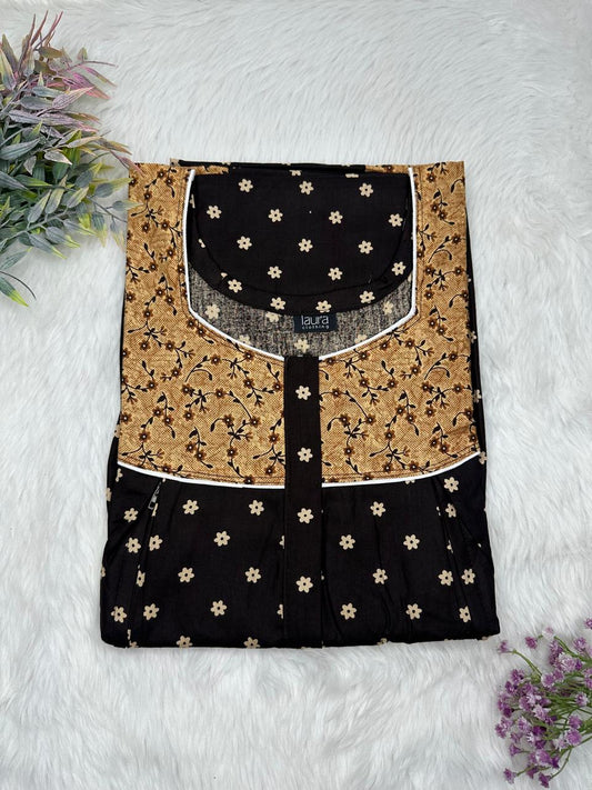 Tan and Smokey Black Printed Square Neck Pleated Pure Cotton Feeding Nighty With Two Side Vertical Zip and Single Centre Zip Free Size Short Sleeve (Suits for bra size 34″- 40″ | 54-56 inch length)