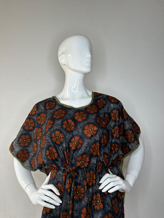 Outer Space and Saddle Brown printed Pure Cotton V-Neck Kaftan With Matching Border Lace And Adjustable Tie Free Size (Suits for bra size 34″- 40″) | 54-56 Inch Length