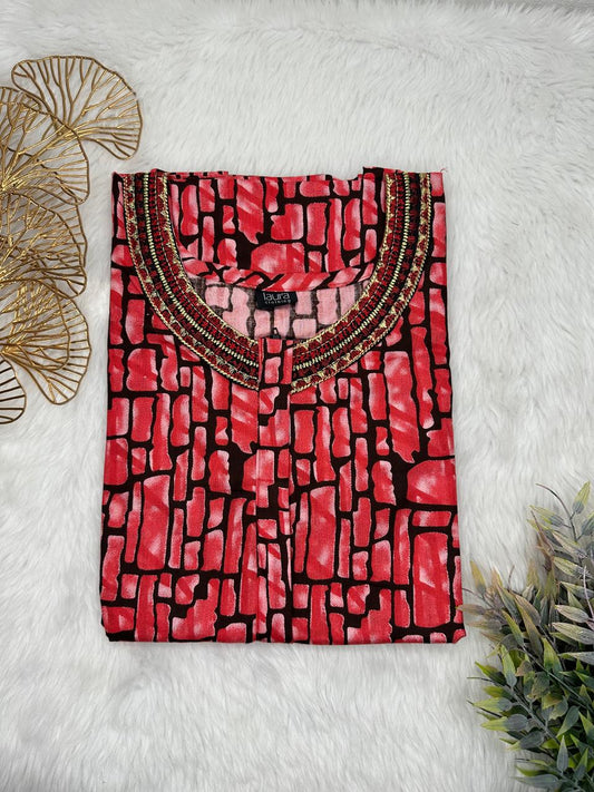 Jasper and Onyx Printed 12" Long Zip Pure Cotton Matching Neck Embroidery Feeding Nighty Free Size Short Sleeve (Suits for bra size 34″- 40″ | 54-56 inch length)