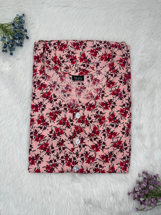 Pale Chestnut Printed Round Neck Pure Cotton Full Open Button Labour Room Nighty Free Size Short Sleeve (Suits for bra size 34″- 40″ | 54-56 inch length)
