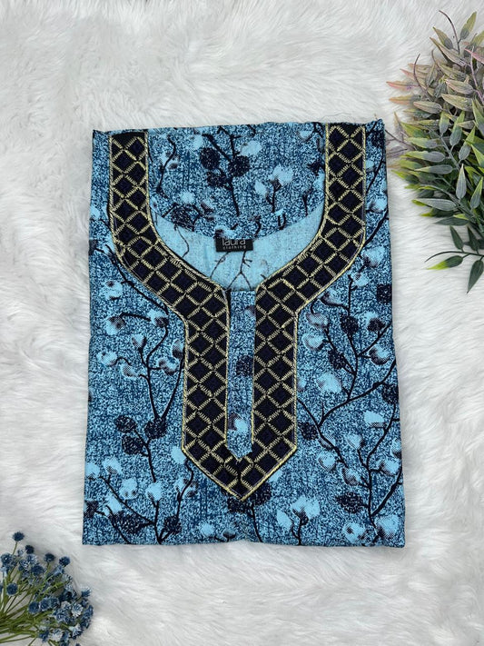 Moonstone Blue Printed Normal Zip Embroidery Neck Pure Cotton Maternity Nighty Plus Size Short Sleeve (Suits for bra size 40″- 46″ | 54-56 inch length)