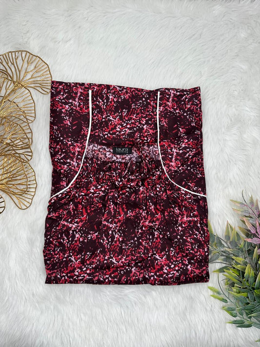 Bright Maroon and Seal Brown Printed Pure Cotton Square Neck Elastic Pleated Nighty Free Size Short Sleeve (Suits for bra size 34″- 40″ | 54-56 inch length)