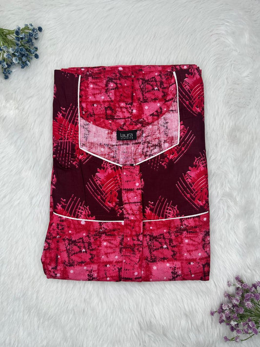 Deep Carmine Printed Square Neck Pleated Pure Cotton Feeding Nighty With Two Side Vertical Zip and Single Centre Zip Free Size Short Sleeve (Suits for bra size 34″- 40″ | 54-56 inch length)