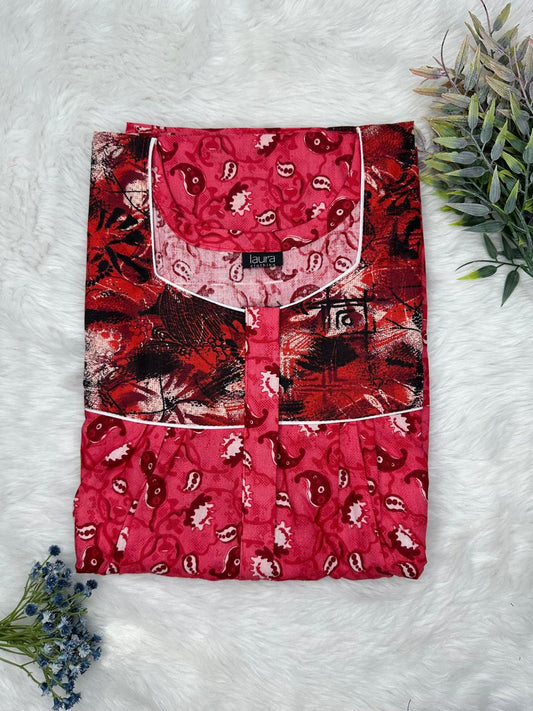 Upsdell Red Printed Mix N Match Square Neck Pleated Cotton Nighty With Centre -8″ Zip Short Sleeve Free Size (Suits for bra size 34″- 40″ | 54-56 inch length )