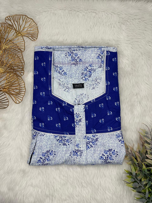 Manatee and Midnight Blue Printed Square Neck Pleated Pure Cotton Feeding Nighty With Two Side Vertical Zip and Single Centre Zip Free Size Short Sleeve (Suits for bra size 34″- 40″ | 54-56 inch length)