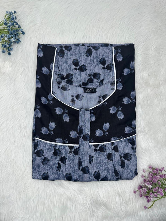 Cool Grey Printed Mix N Match Square Neck Pleated Cotton Nighty With Centre -8″ Zip Short Sleeve Free Size (Suits for bra size 34″- 40″ | 54-56 inch length )