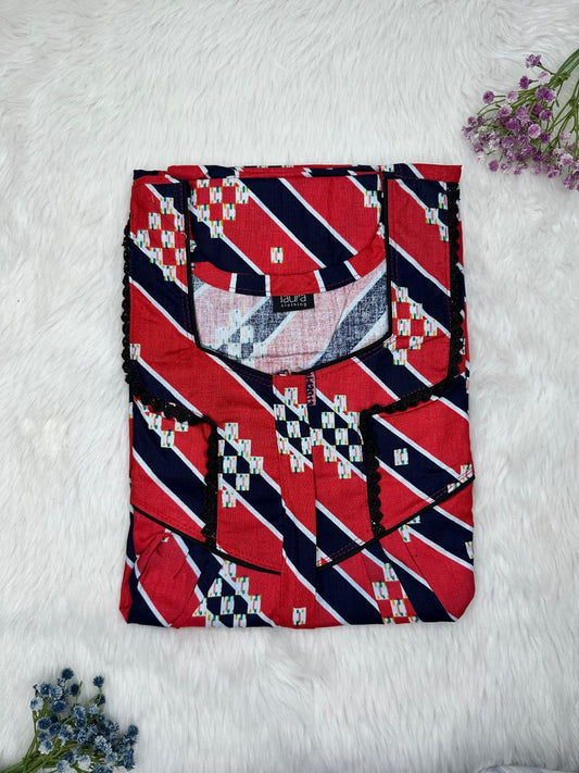 Upsdell Red and Onyx Printed Square Neck Centre Long 12" Zip Pure Cotton Feeding Nighty Free Size Short Sleeve (Suits for bra size 34″- 40″ | 54-56 inch length)