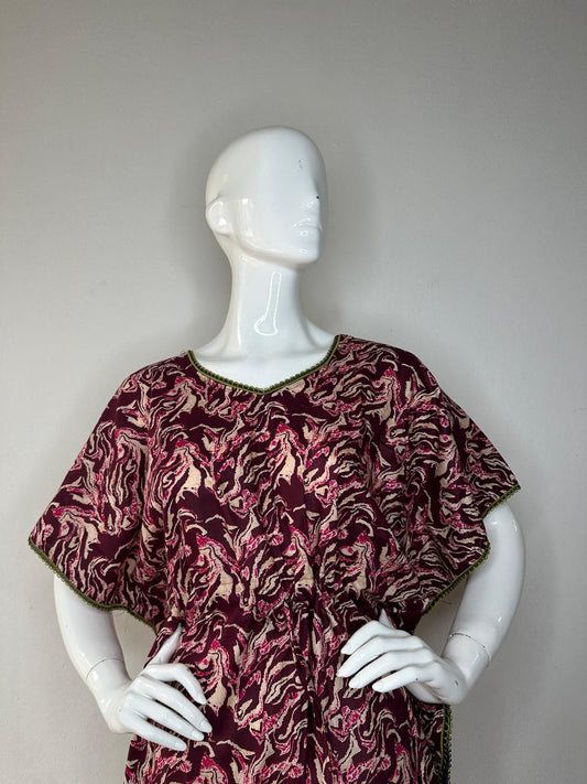 Dark Sienna and Twilight Lavender printed Pure Cotton V-Neck Kaftan With Matching Border Lace And Adjustable Tie Free Size (Suits for bra size 34″- 40″) | 54-56 Inch Length