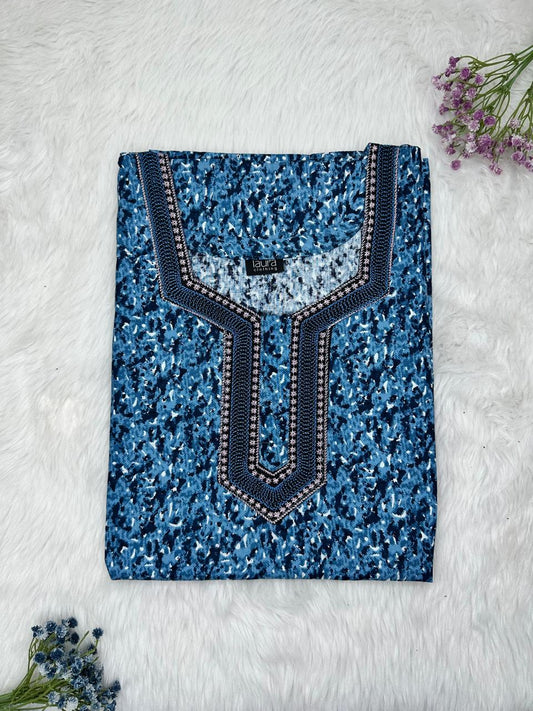 Steel Blue Normal Zip Embroidery Neck Pure Cotton Nighty Plus Size Short Sleeve (Suits for bra size 40″- 46″ | 54-56 inch length)