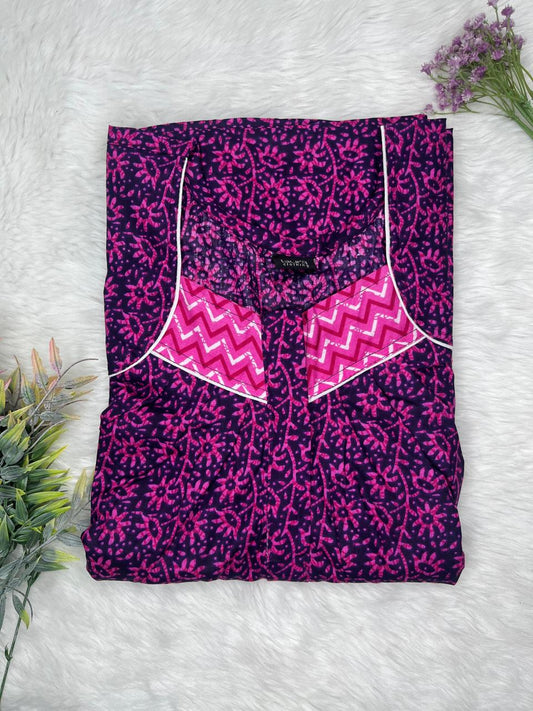 Royal Funchsia Printed Square Neck Pleated Zip Pure Cotton Nighty Free Size Short Sleeve (Suits for bra size 34″- 40″ | 54-56 inch length)