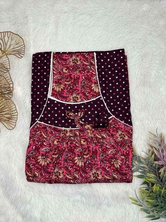 Cherry Printed Front and Onyx Pleated Pure Cotton Nighty Free Size Short Sleeve (Suits for bra size 34″- 40″ | 54-56 inch length)