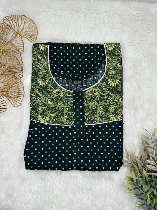 Dark Jungle Green and Olive Drab Printed Round Neck Pleated Pure Cotton Feeding Nighty With Two Side Vertical Zip and Single Centre Zip Free Size Short Sleeve (Suits for bra size 34″- 40″ | 54-56 inch length)