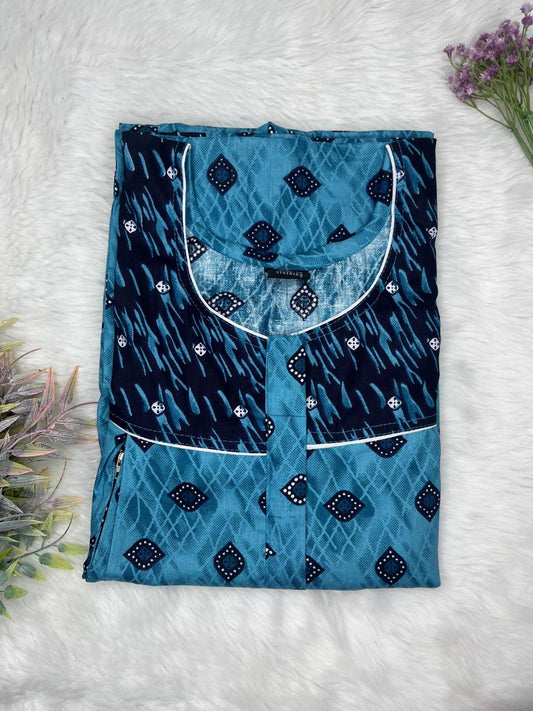 Onyx and Blue Green Printed Round Neck Pleated Pure Cotton Feeding Nighty With Two Side Vertical Zip and Single Centre Zip Free Size Short Sleeve (Suits for bra size 34″- 40″ | 54-56 inch length)
