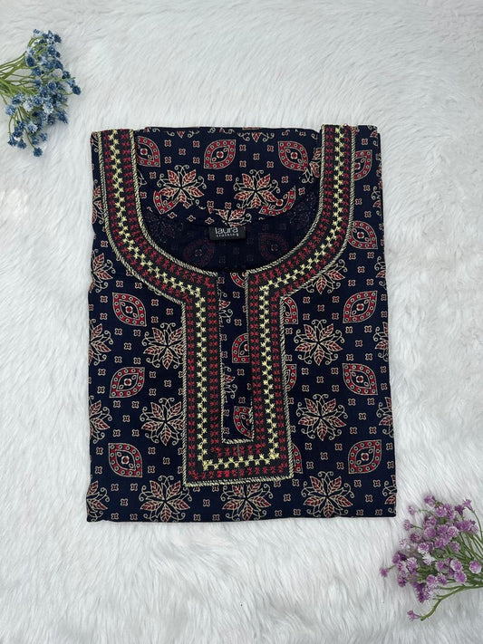 Cordovan and Onyx Printed Normal Zip Pure Cotton Matching Neck Embroidery Nighty Free Size Short Sleeve (Suits for bra size 34″- 40″ | 54-56 inch length)