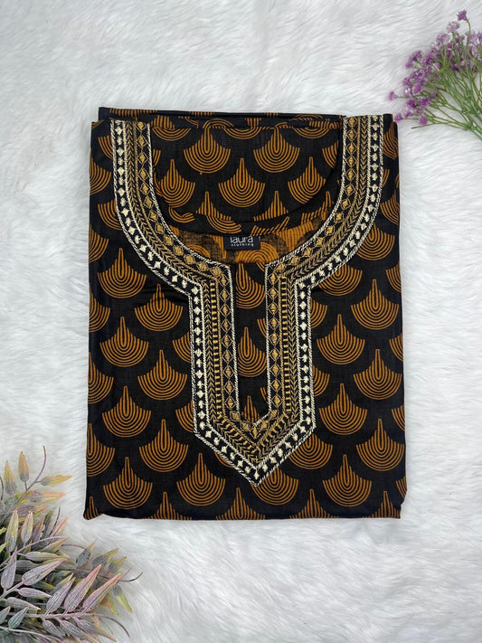 Golden Brown and Onyx Printed Normal Zip Embroidery Neck Pure Cotton Maternity Nighty Plus Size Short Sleeve (Suits for bra size 40″- 46″ | 54-56 inch length)